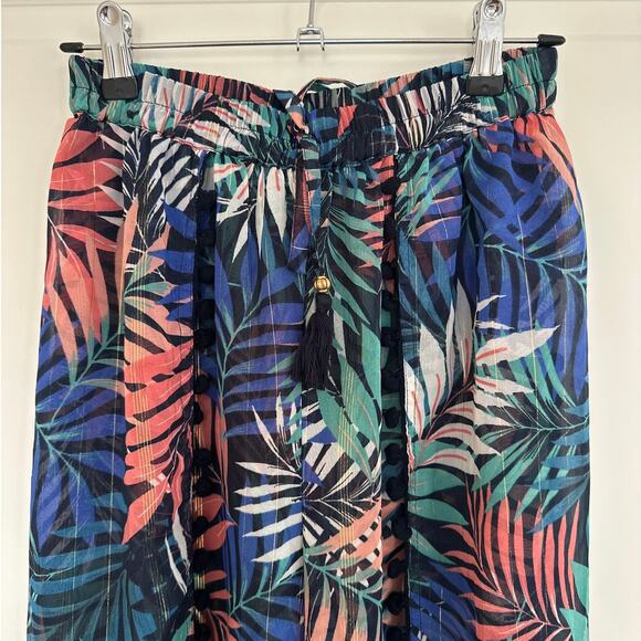 Tropical Leaf Print Boho Beach Lightweight Flowy Pants with Pom-Pom Trim Size S - Picture 3 of 11